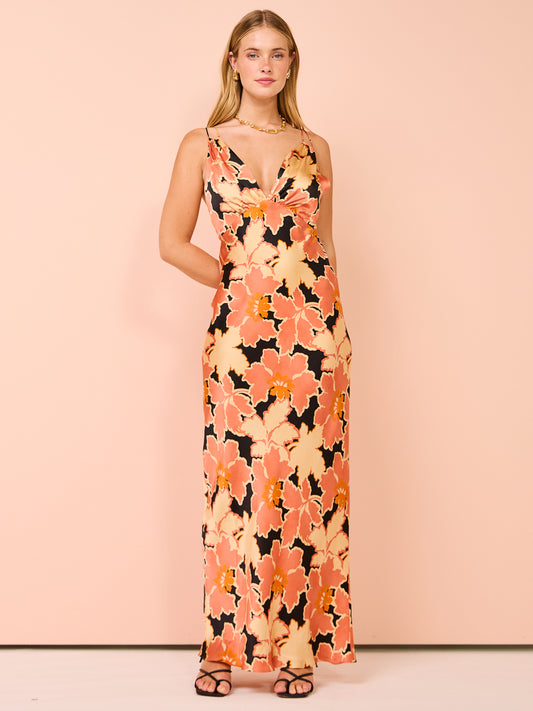 Shona Joy Rosa Silk Plunged Double Strap Maxi Dress in Coral Pink/Multi