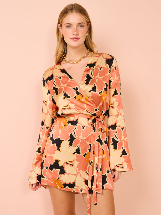 Shona Joy Rosa Silk Wrap Mini Dress in Coral Pink/Multi