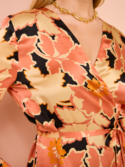 Shona Joy Rosa Silk Wrap Mini Dress in Coral Pink/Multi