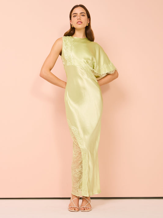 Suboo Nicky Asymmetric Sleeve Maxi Dress in Celery Green