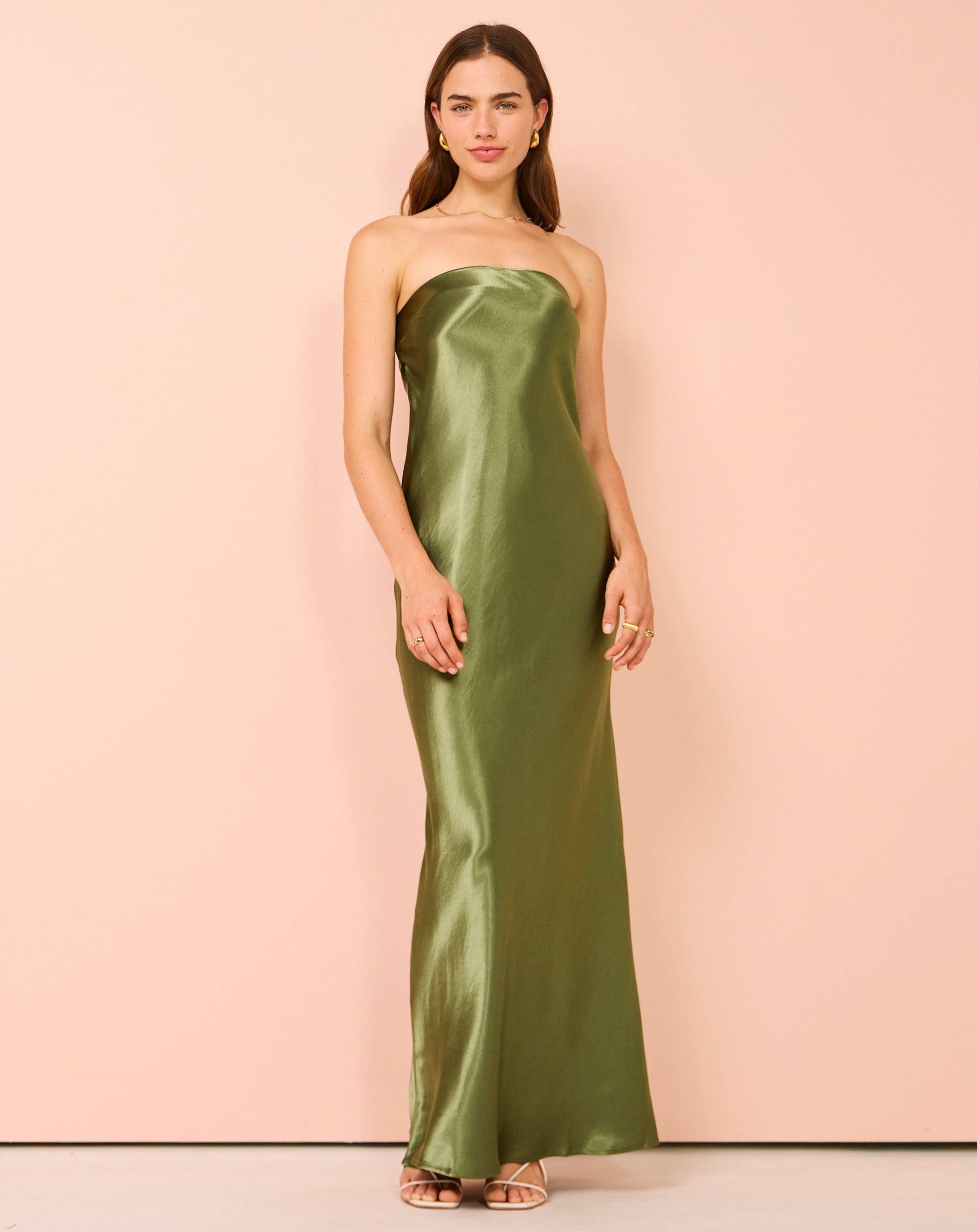 Third Form Satin Tie Back Strapless Maxi Dress in Olive Coco & Lola Third Form Satin Tie Back Strapless Maxi Dress in Olive Coco & Lola