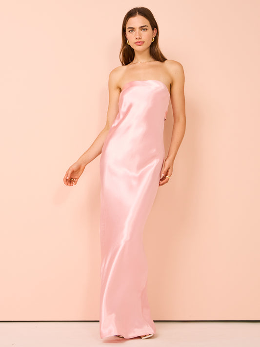 Third Form Satin Tie Back Strapless Maxi Dress in Fairy Floss