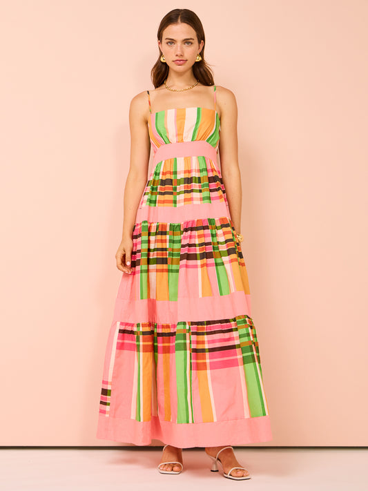 By Nicola Monet Tiered Maxi Dress in Holiday Plaid/Rose