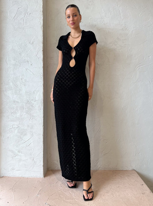 Isabelle Quinn Hailey Knit Polo Maxi Dress in Black