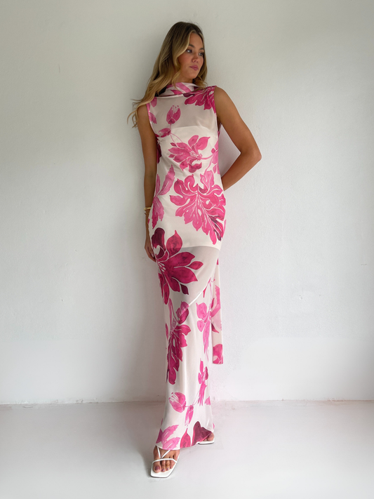By Nicola Juno maxi dress in potpourri pink floral print with bias cut chiffon, reversible design and included jersey slip, perfect for weddings and summer events