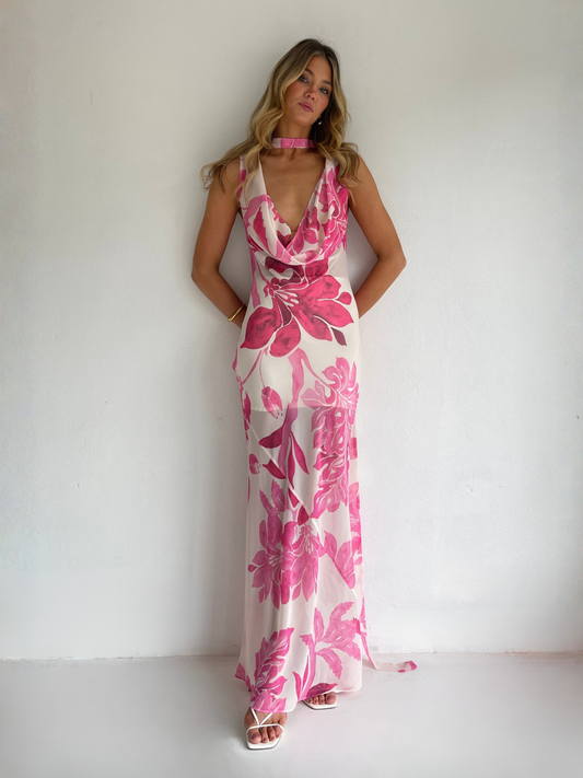 By Nicola Juno maxi dress in potpourri floral print with bias cut chiffon, reversible design and included jersey slip, perfect for weddings and summer events