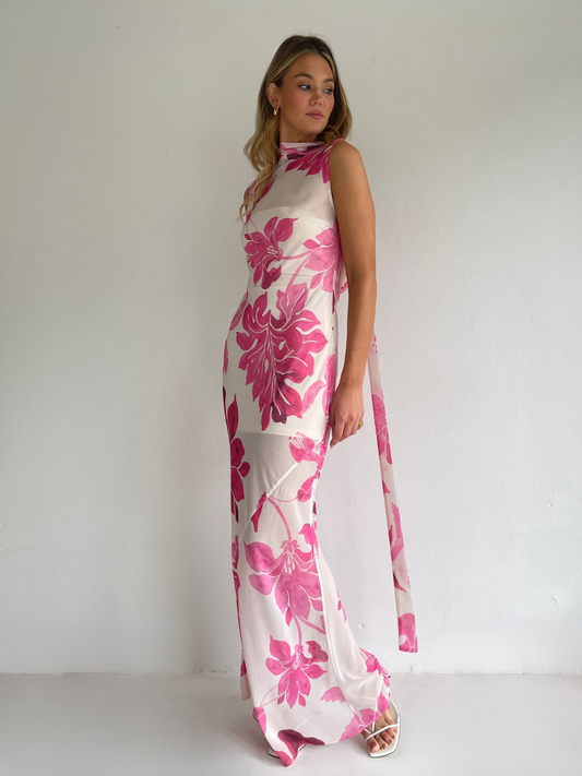 By Nicola Juno maxi dress in potpourri floral print with bias cut chiffon, reversible design and included jersey slip, perfect for weddings and summer events