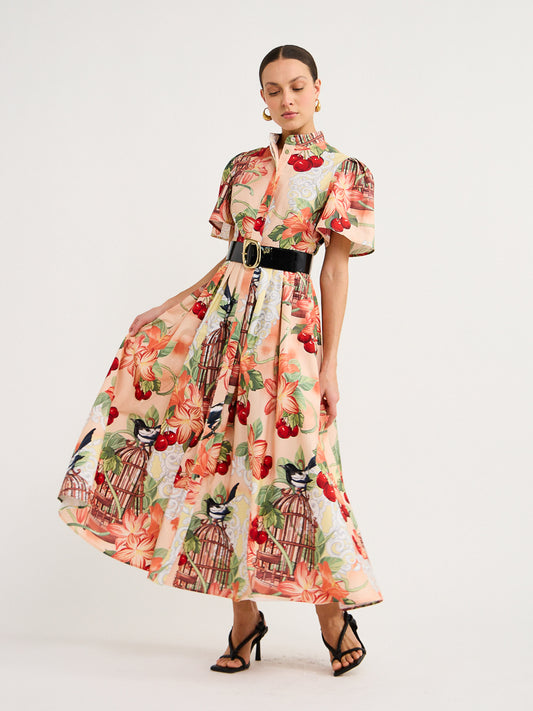 Leo Lin Bianca Short Sleeve Midi Dress in Azalea Print in Fortune