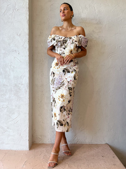 Sofia The Label Hailey Off Shoulder Midi Dress in Flora Print