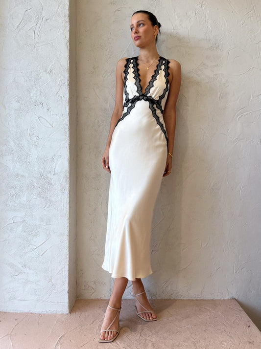 Shona Joy Camille Lace Cross Back Midi Dress in Cream/Black