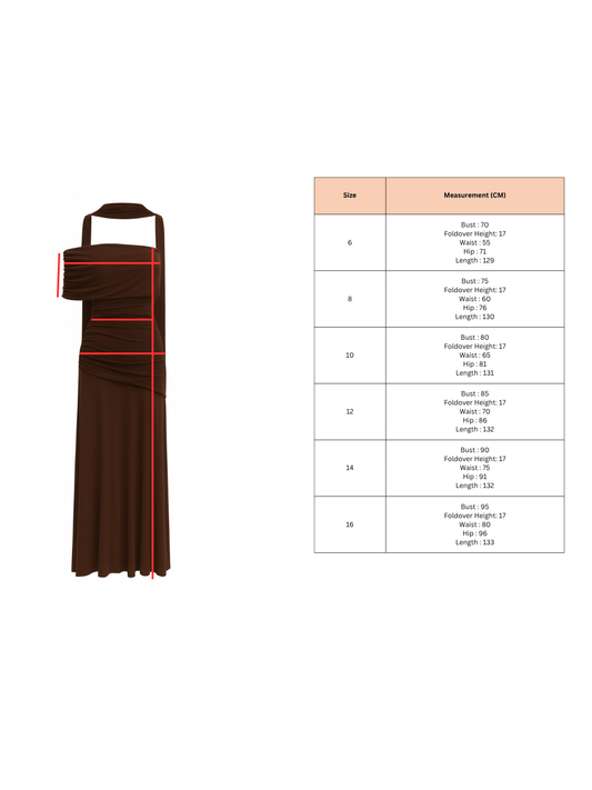 Size Guide BY NICOLA Fiesta Off Shoulder Maxi Dress in Chocolate featuring a feminine off-shoulder silhouette and flowing maxi skirt. Perfect for Wedding Guest, Bridesmaids. Black tie, special occasion dressing  Pregnancy friendly dresses
