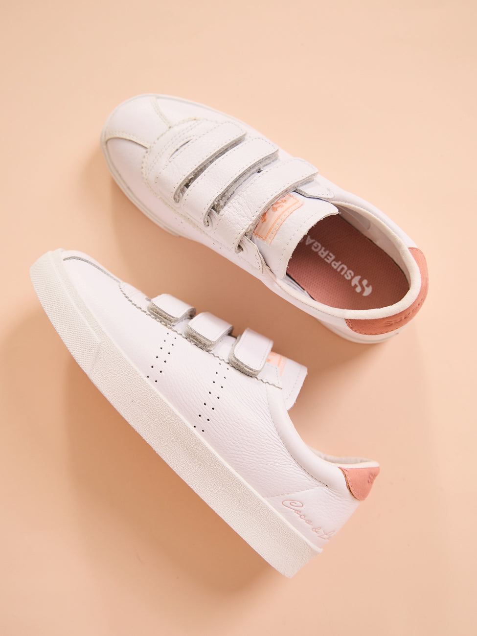 Superga Coco Velcro Leather Sneaker in White Pink Coco Lola