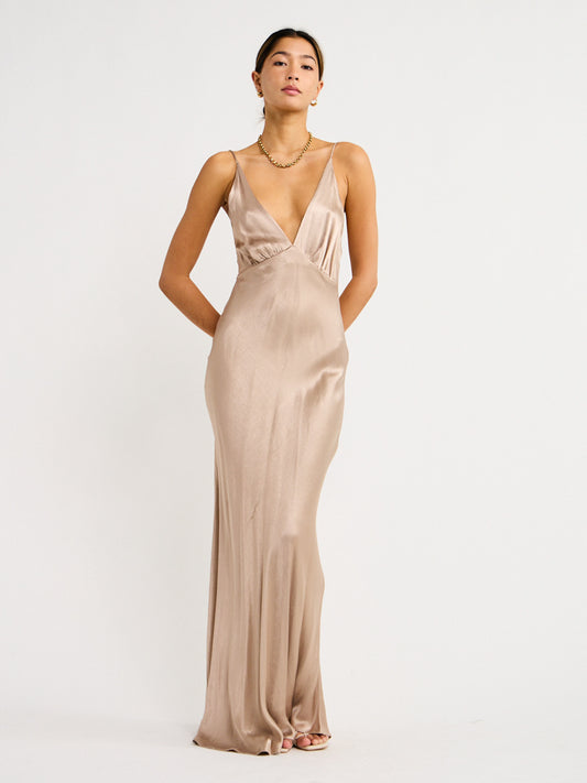 Bec and Bridge Lorelai V Maxi Dress in Smoke Taupe