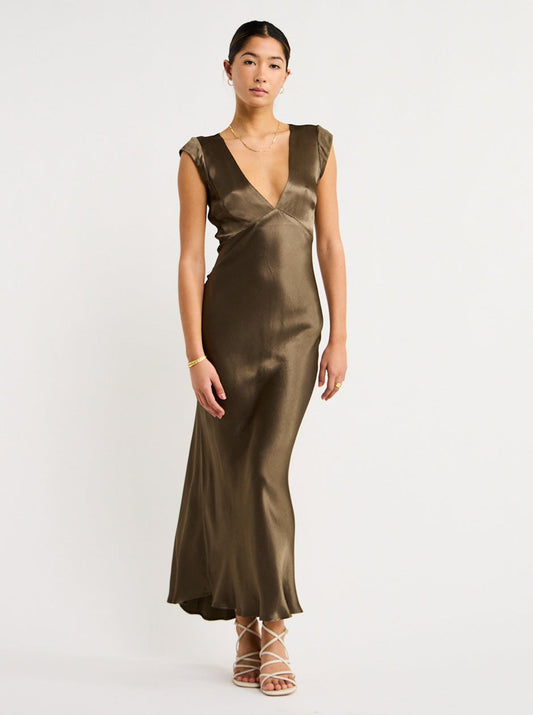 Bec and Bridge Indi V Maxi Dress in Midnight Olive