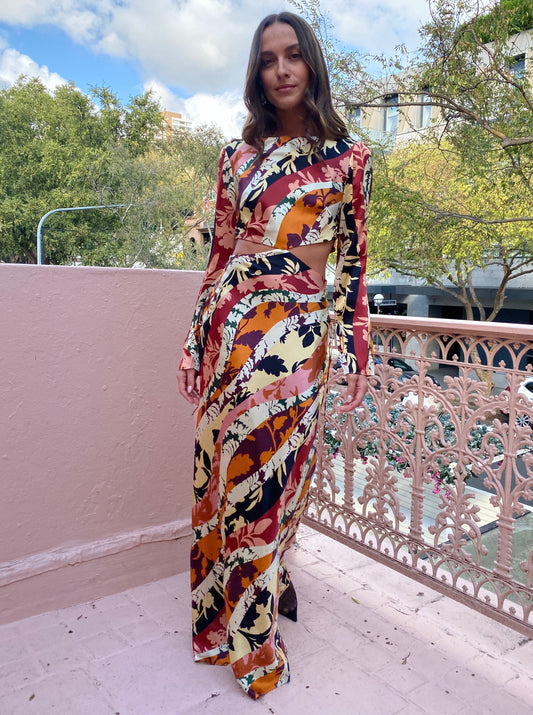 Shona Joy Cielo Silk Lace Up Maxi Dress in Tangerine/Multi