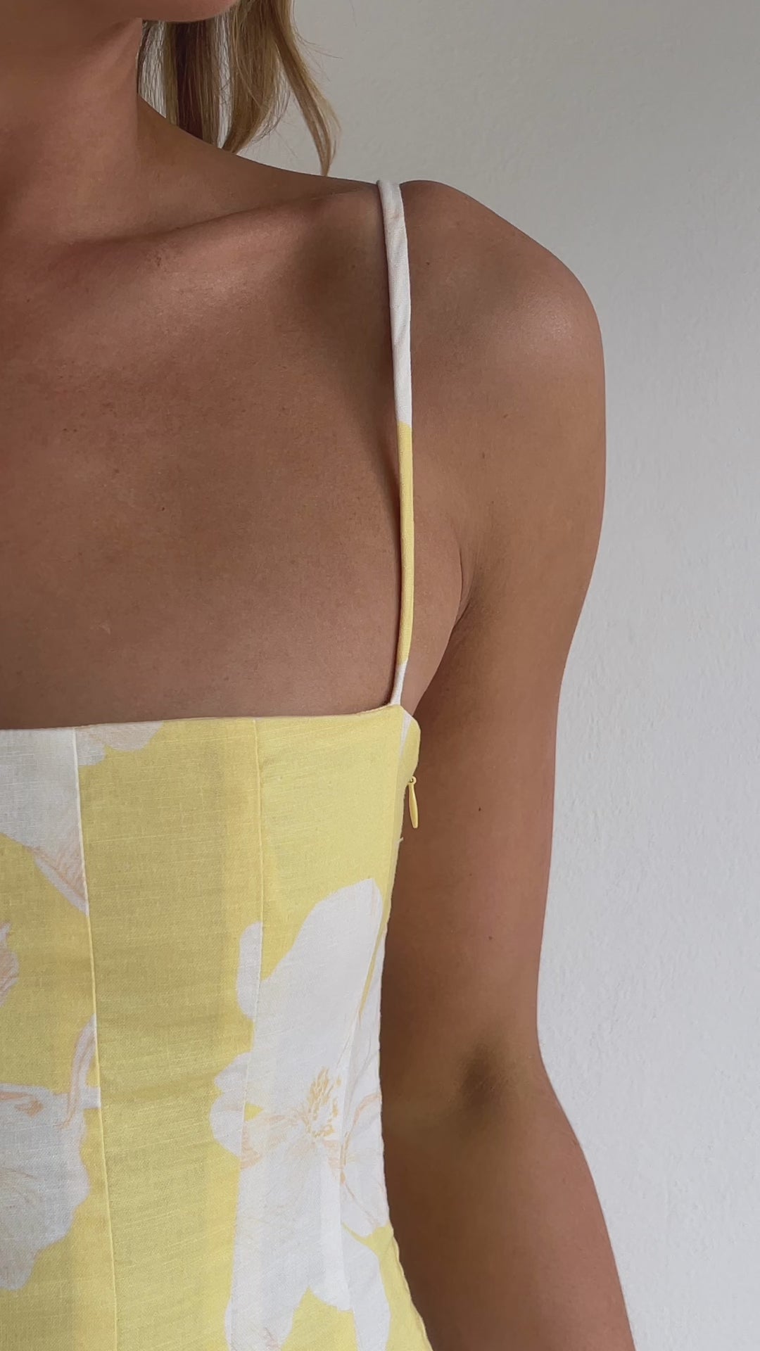 By Nicola Camille maxi dress in amarilla flor floral yellow print with delicate straps, perfect for weddings, summer events and garden parties