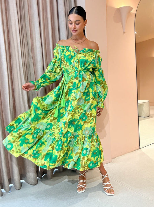 Alemais Wrenly Off Shoulder Midi Dress in Lime
