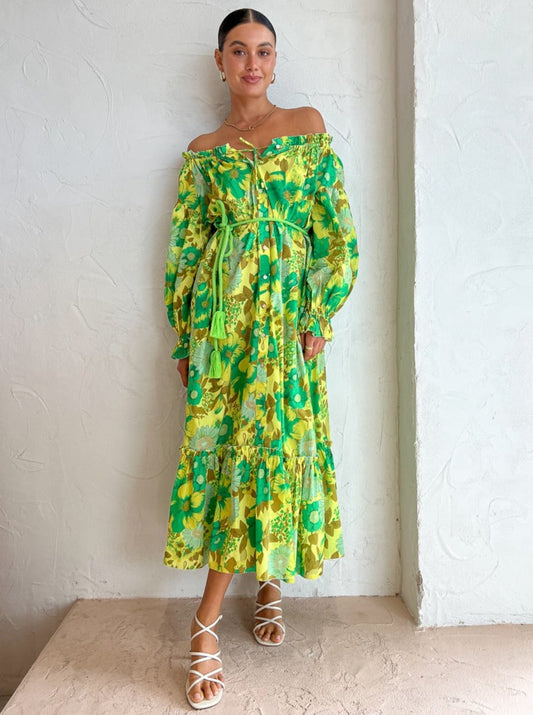 Alemais Wrenly Off Shoulder Midi Dress in Lime