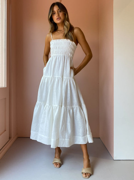 Shona Joy Bruna Open Back Shirred Midi Dress in Ivory