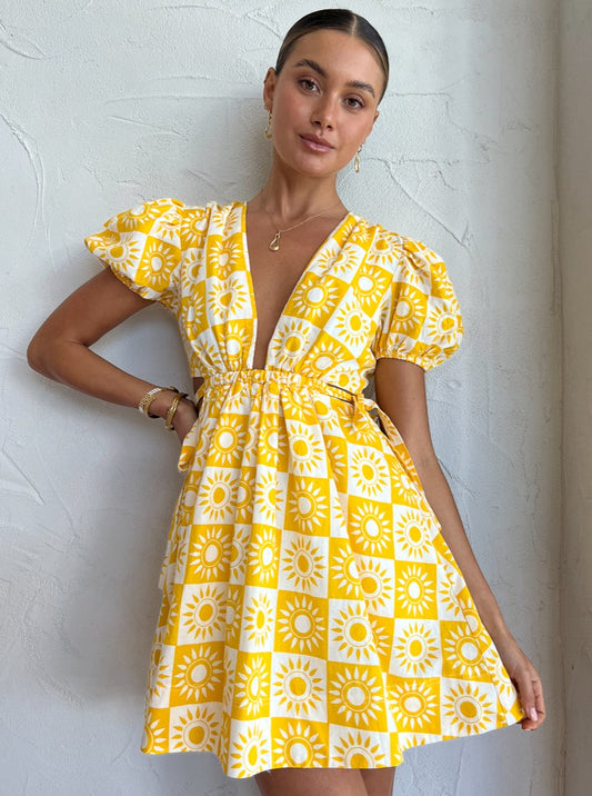 By Nicola Ahoy Plunge Neck Mini Dress in Small Sol