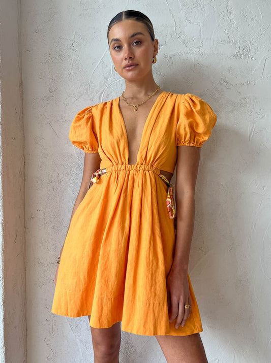 By Nicola Ahoy Plunge Neckline Tie Waist Mini Dress in Morange/Citrus