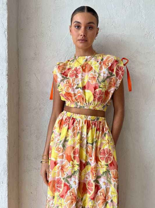By Nicola Ahoy Tie Shoulder Top in Citrus Print