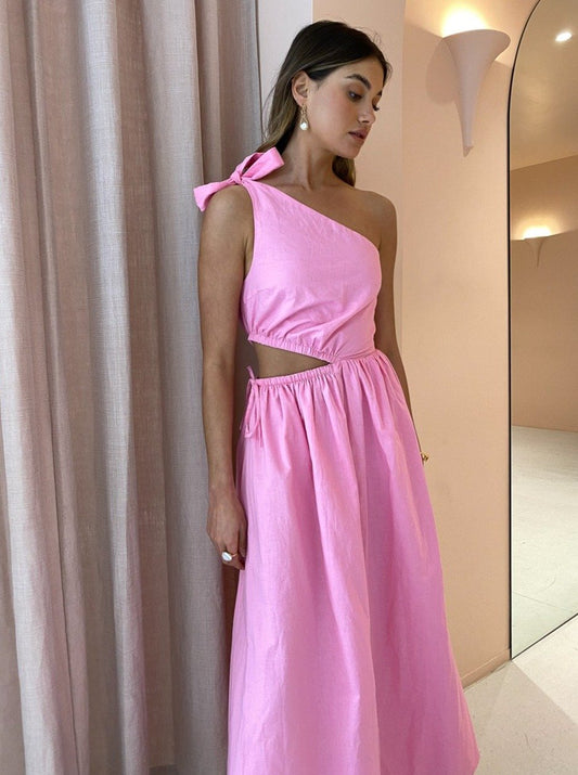 By Nicola Gabriella One Shoulder Midi Dress in Pink Grapefruit