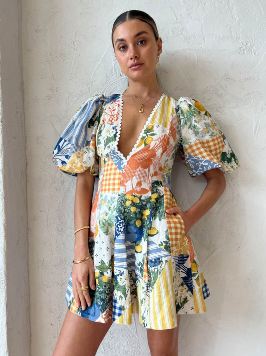 By Nicola Wavy Mini Dress in Lemon Patchwork