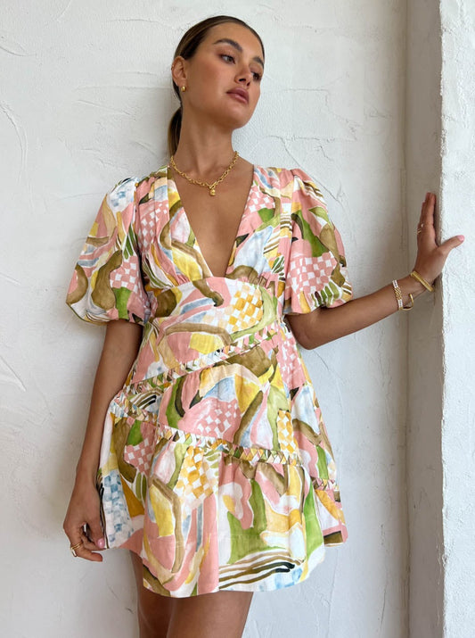 By Nicola Sol Puff Sleeve Mini Dress in Swirl Check