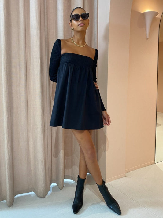 Third Form Full Form Shirred Babydoll Dress in Black