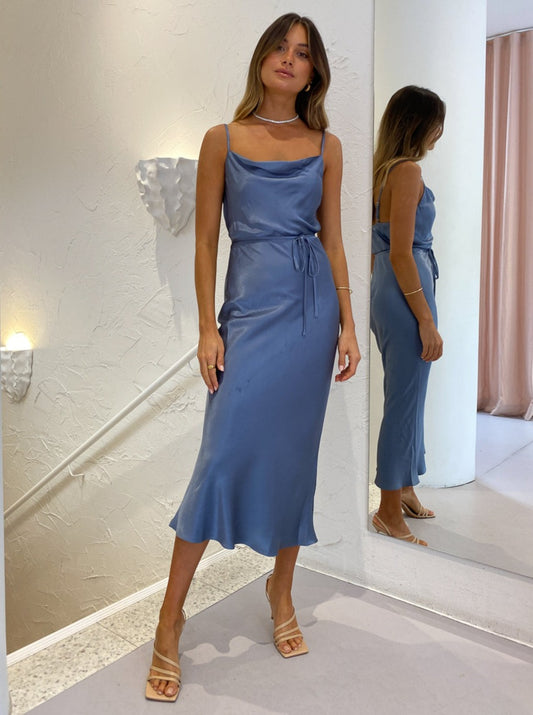 Shona Joy La Lune Bias Cowl Midi Dress in Blue Smoke