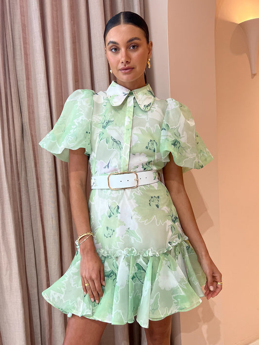 Leo Lin Sophie Bishop Sleeve Mini Dress in Jasmine Print in Sage