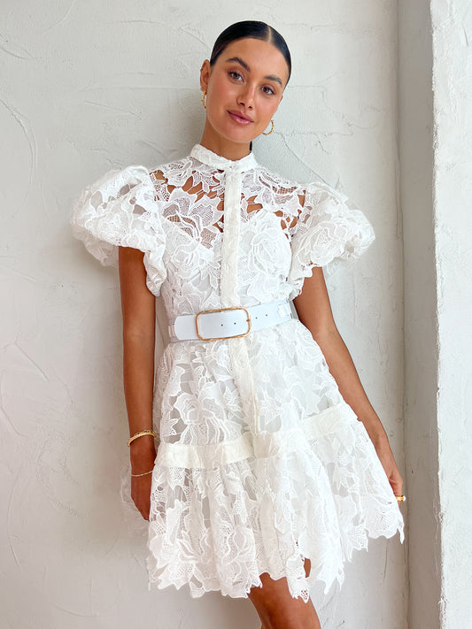 Leo Lin Sonia Bishop Sleeve Lace Mini Dress in Snow