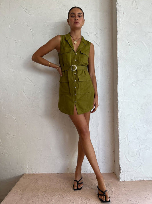 Mon Renn Kinetic Mini Dress in Khaki Green