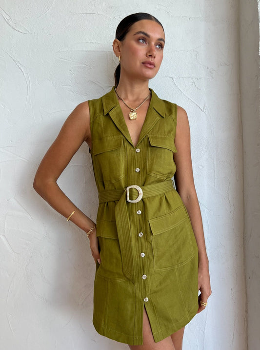 Mon Renn Kinetic Mini Dress in Khaki Green
