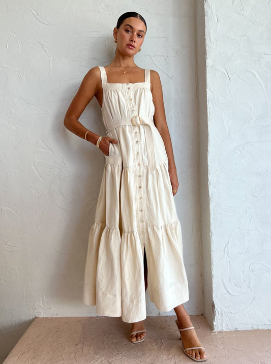 Mon Renn Kinetic Midi Dress in Ecru