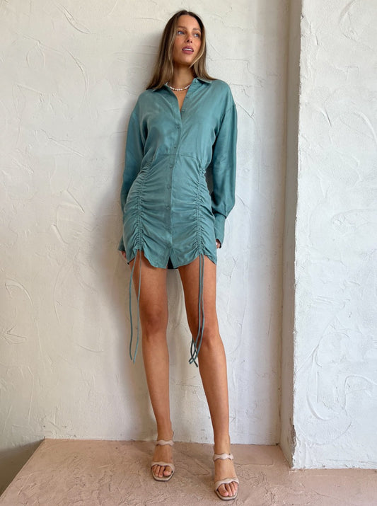 Suboo Andy Ruched Mini Shirt Dress in Seafoam