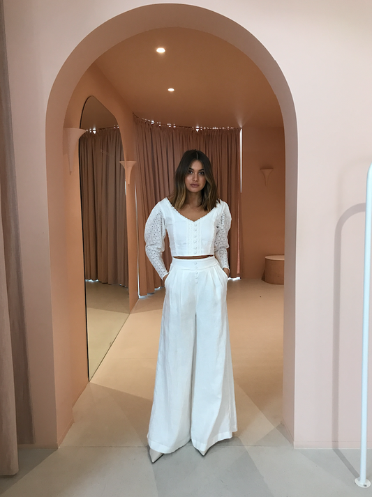 Joslin Anne Linen Crochet Palazzo Pant in Ivory