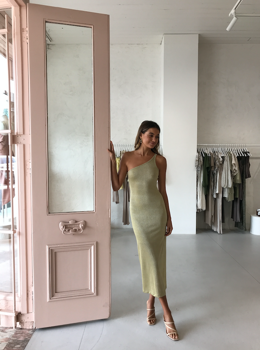 Third Form Shimmer One Shoulder Maxi Dress in Citrus