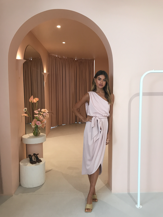 One Shouldered Drape Dress in Blush