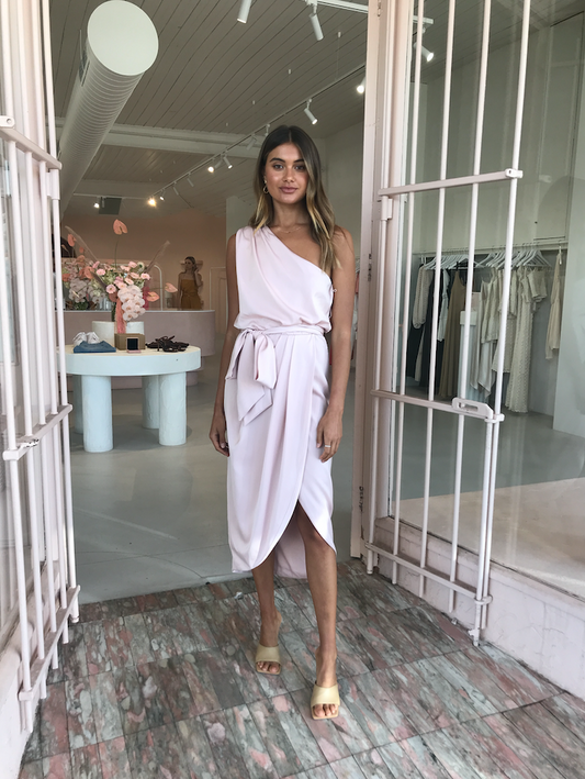One Shouldered Drape Dress in Blush