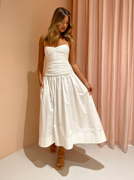 Shona Joy Amaia Ruched Midi Dress in Ivory