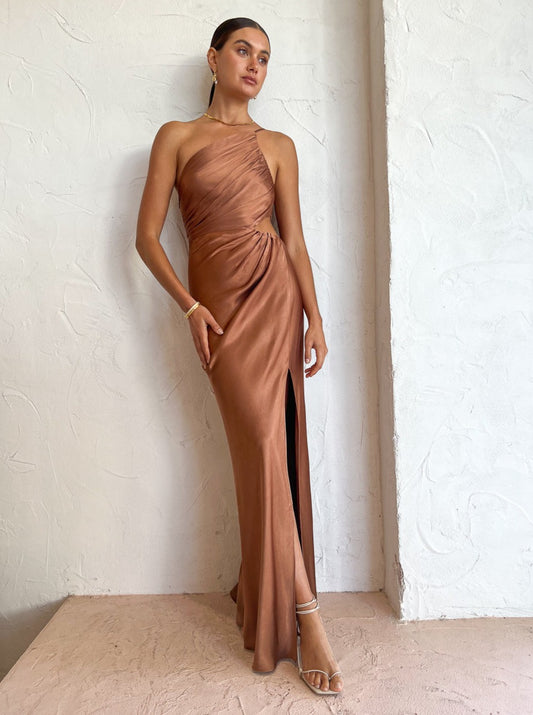 Shona Joy Asymmetrical Gathered Maxi Dress in Almond Coco & Lola Shona Joy Asymmetrical Gathered Maxi Dress in Almond Coco & Lola