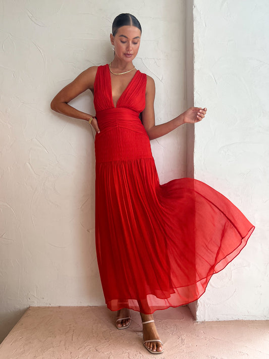 Shona Joy Leilani Midi Plunge Tie Back Dress in Hibiscus Coco & Lola Shona Joy Leilani Midi Plunge Tie Back Dress in Hibiscus Coco & Lola