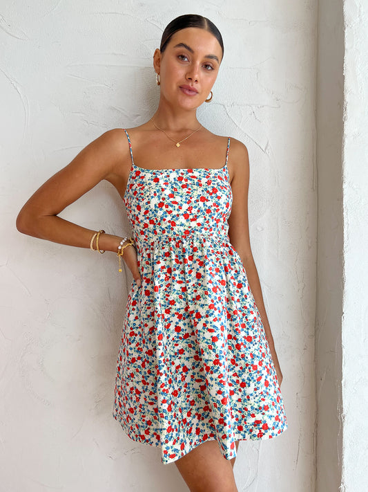 Shona Joy Ulani Low Open Back Mini Dress in Vanilla/Multi