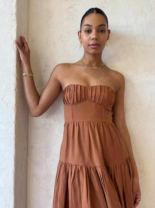 Shona Joy Jules Strapless Ruched Midi Dress in Almond