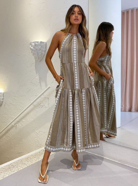 Shona Joy Lizete Backless Halter Midi Dress in Cumin/Ivory