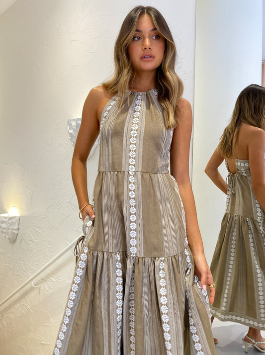 Shona Joy Lizete Backless Halter Midi Dress in Cumin/Ivory