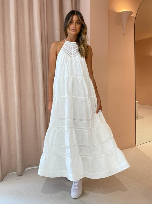 Shona Joy Adriana Sleeveless Tiered Midi Dress in Rice
