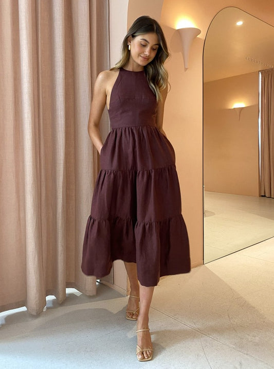 Shona Joy Marlene Open Back Tiered Midi Dress in Chocolate